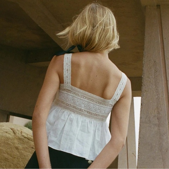 Doen Beaux Ramie Lace Square Neck Cami Camisole Tank Top Blouse Salt - Picture 4 of 11